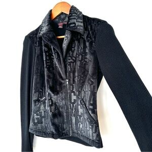 Simon Chang Black Zip Front Jacket, in Stretch Knit & Velvet